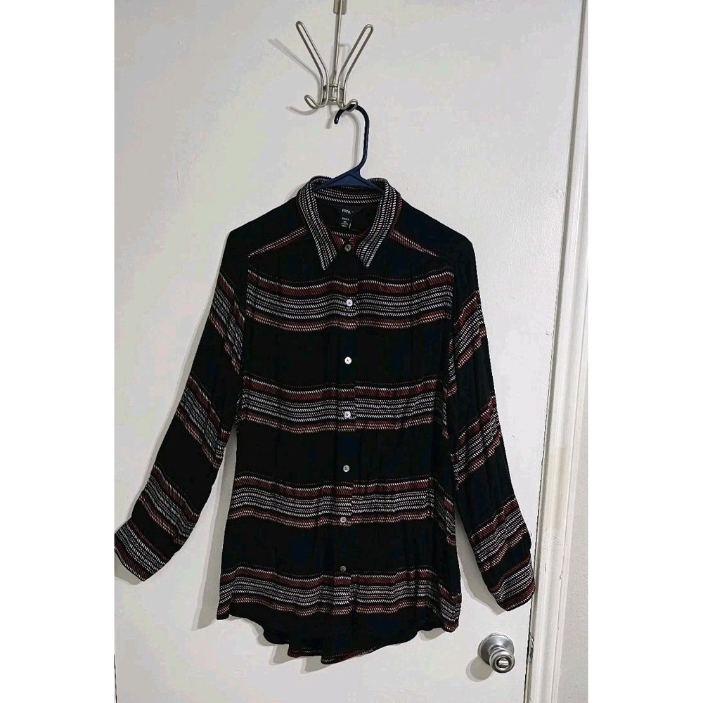 Intro Women's Striped Button-Up Shirt 1X Black Red Preppy Office Wear Modest